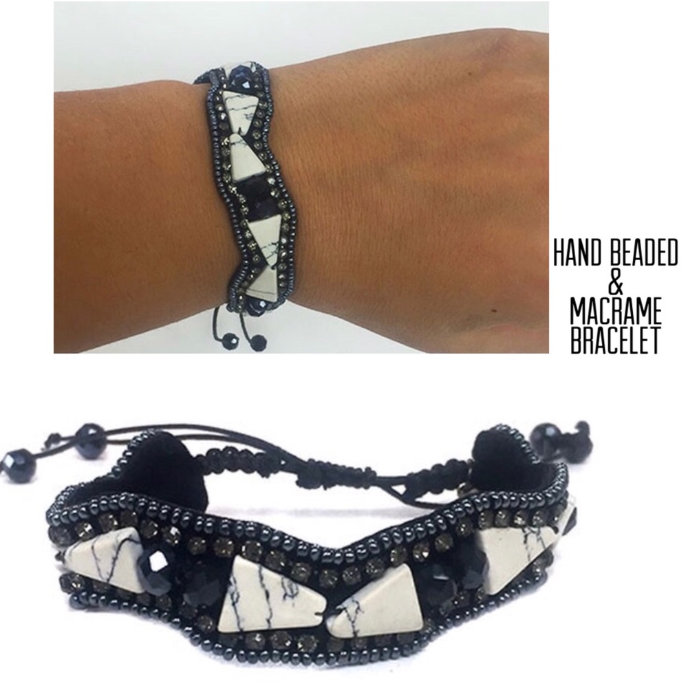 Hand Beaded Black & White Macrame Bracelet,NWT
